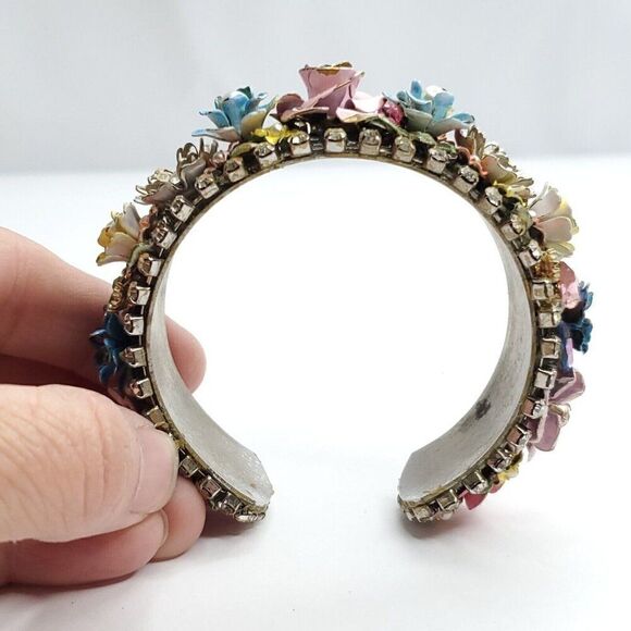 3D Floral Bangle Cuff Bracelet Rhinestones Cottagecore Flower Blue Pink Yellow - Picture 4 of 13